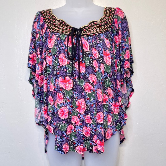 Ric Rac | Anthro Floral Print Dolman Flutter Sleeve Floaty Boho Batwing Blouse - Picture 2 of 15